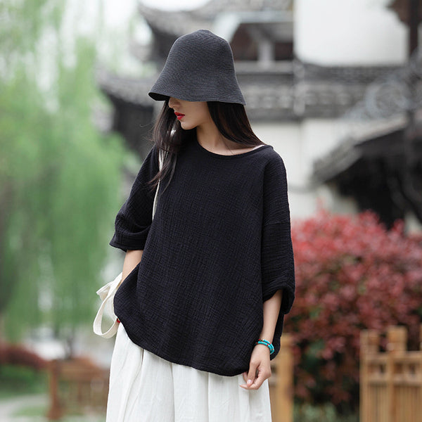 Women Round Necked Linen and Cotton Loose Middle Sleeves Wrinkled T-Shirt