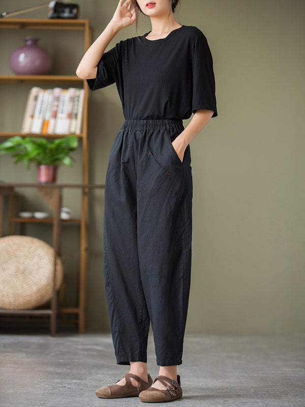 2021 Autumn NEW! Women Lantern Style Linen and Cotton Causal Patchwork Front Pocket Cropped Capris