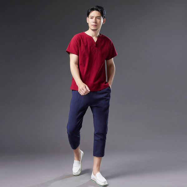 Men Causal Style V Neck Buckle Linen and Cotton Short Sleeve Tops