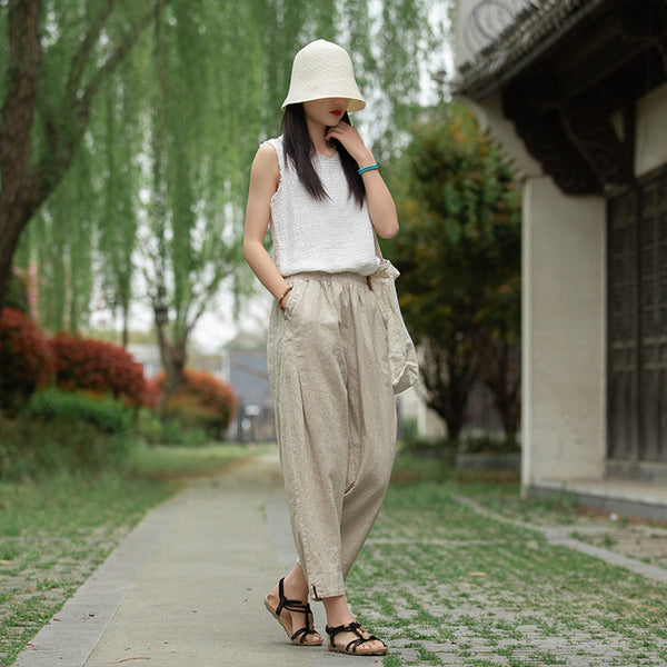 Women Linen and Cotton Sleeveless Wrinkled T-Shirt