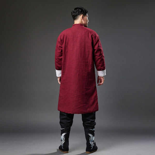 2021 Winter NEW! Men Retro Chinese Style Linen and Cotton Quilted Long Tunic Coat