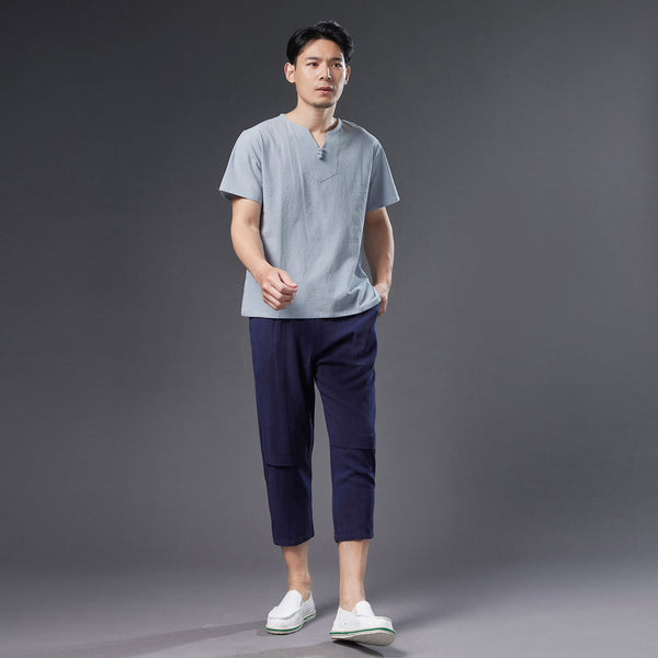 Men Causal Style V Neck Buckle Linen and Cotton Short Sleeve Tops