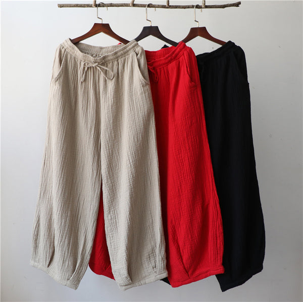 Women Retro Causal Lantern Style Linen and Cotton Wrinkle Pants