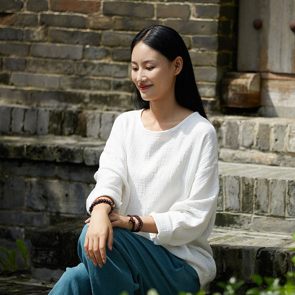 2021 Autumn NEW! Women Simple Loose Style Linen and Cotton Pure Color Round Neck T-Shirt