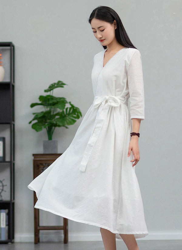 2022 Summer NEW! Women Loose Linen and Cotton V-Necked Middle Sleeve Maxi Dress
