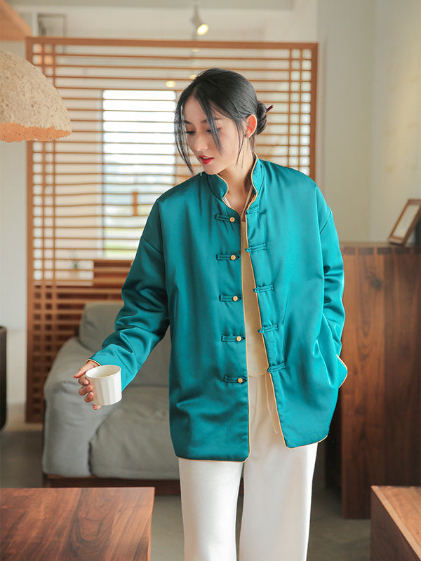 2021 Winter NEW! Women Round Collar Asian Silk Style Quilted Long-sleeved Jacket