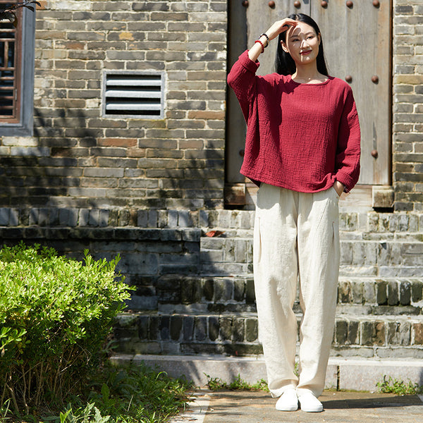 2021 Autumn NEW! Women Simple Loose Style Linen and Cotton Pure Color Round Neck T-Shirt