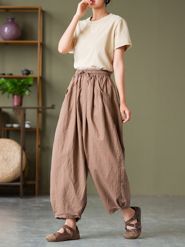 2021 Autumn NEW! Women Lantern Style Linen and Cotton Causal with Waist Belt Loose Cropped Pants