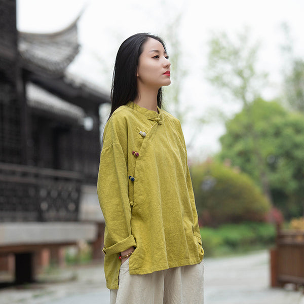 Women Round Collar Zen Style Linen and Cotton Long Sleeves Side Cardigan Shirt