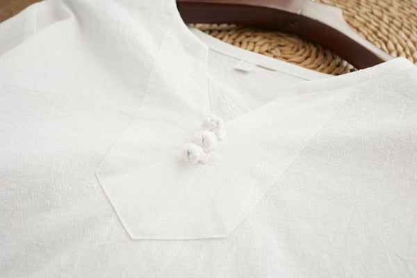 Men Causal Style V Neck Buckle Linen and Cotton Short Sleeve Tops