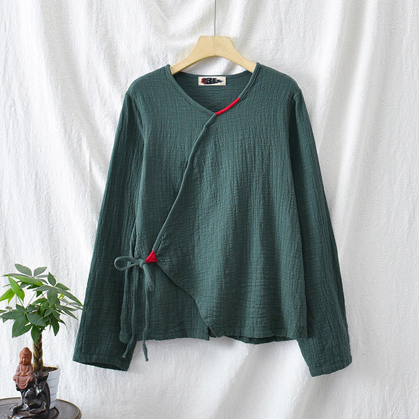 Women Zen Style Linen and Cotton Long Sleeves Side Cardigan Wrinkled Shirt