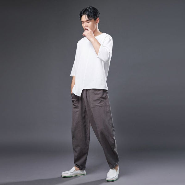 2022 Summer NEW! Men Causal Style Linen and Cotton Big Pockets Small Leg Pants
