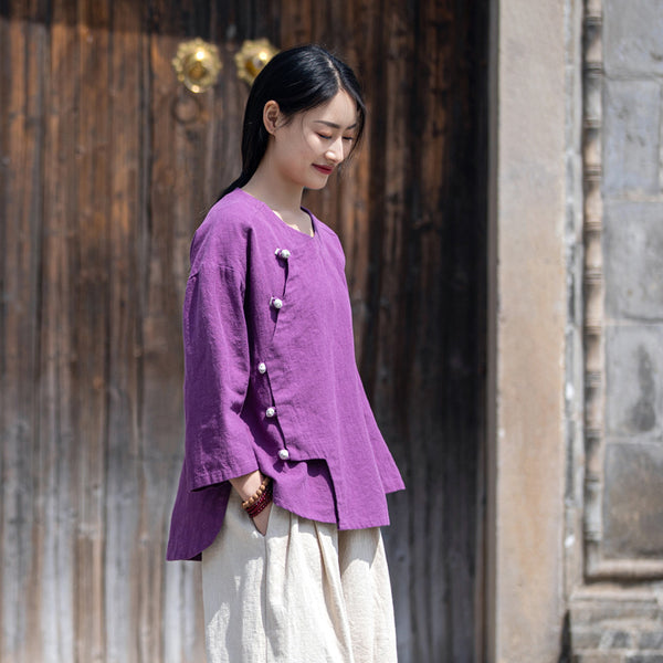 2022 Summer NEW! Women Chinese Ethnic Style Wrinkled Linen and Cotton Bracelet Sleeves Shirt