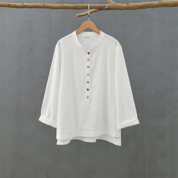 2021 Autumn NEW! Women Simple Light Style Linen and Cotton Pure Color Top Buckle Blouse Shirt