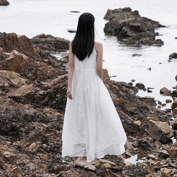 Women Loose Linen and Cotton Pure Color Slip Dress