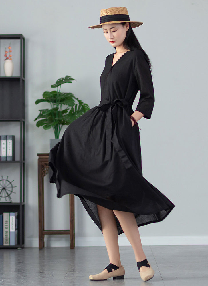 2022 Summer NEW! Women Loose Linen and Cotton V-Necked Middle Sleeve Maxi Dress