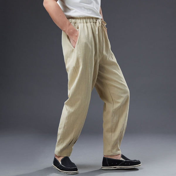 2022 Summer NEW! Men Causal Style Linen and Cotton Drawstring Small Leg Pants