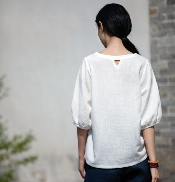 2022 Summer NEW! Women Simple Style Wrinkled Linen and Cotton Middle Sleeves Shirt