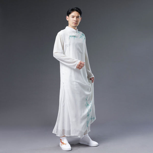 Men Classic Asian Style Linen Long Sleeve Round Collar Bamboo Printed Cheongsam