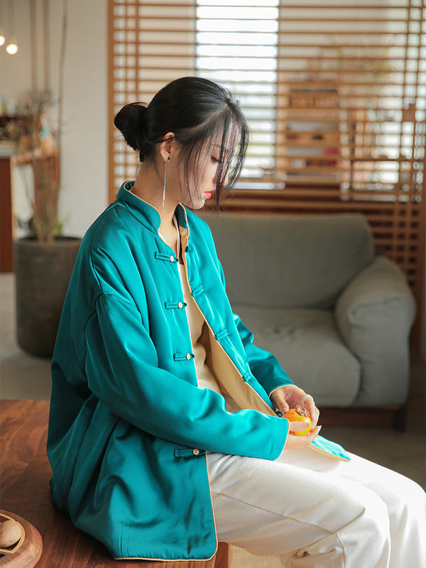 2021 Winter NEW! Women Round Collar Asian Silk Style Quilted Long-sleeved Jacket