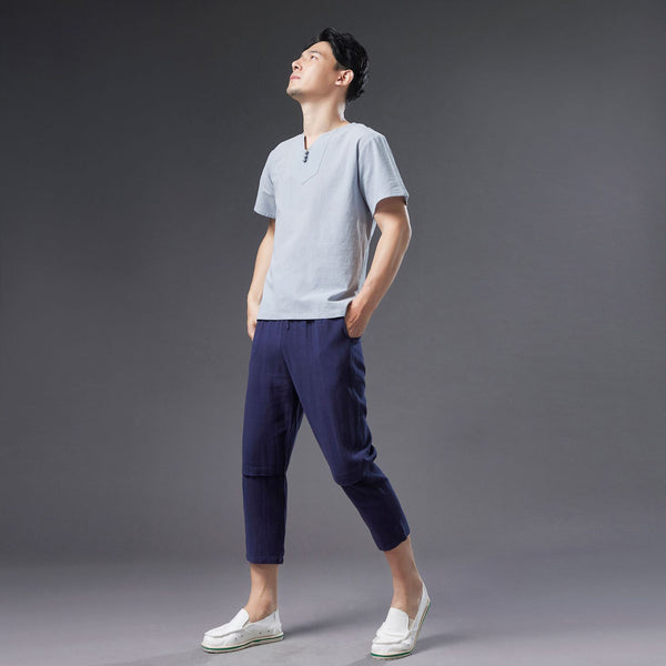 Men Causal Style V Neck Buckle Linen and Cotton Short Sleeve Tops