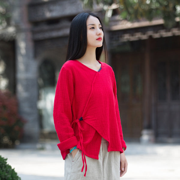 Women Zen Style Linen and Cotton Long Sleeves Side Cardigan Wrinkled Shirt
