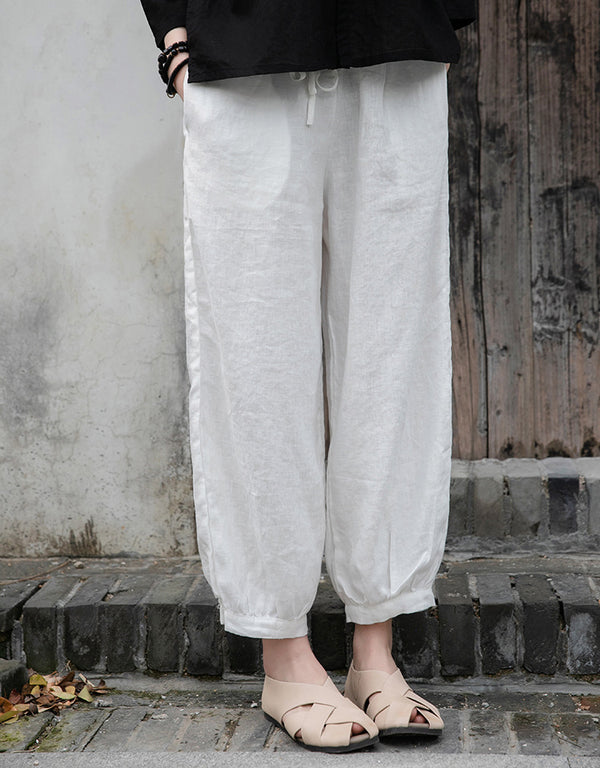 Women Lantern Style Linen and Cotton Lantern Cropped Pants