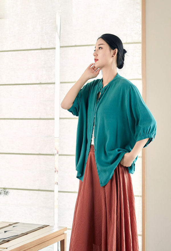 2022 Summer NEW! Women Modern Style Linen and Cotton Round Collar Mid Sleeve Shirt