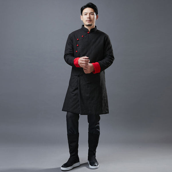 Men Simple Pure Color Style Linen and Cotton Middle Length Side Buckle Quilted Jacket