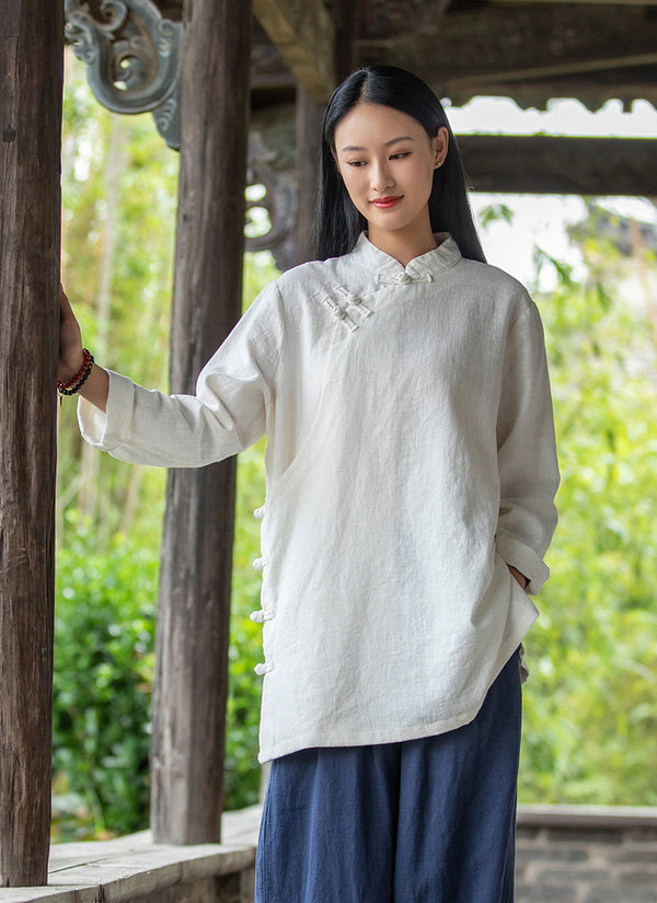 2021 Autumn NEW! Women Simple Retro Style Linen and Cotton Pure Color Top Buckle Blouse Shirt