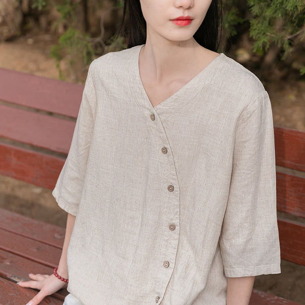 Women Linen and Cotton Middle Sleeves Cardigan Shirt