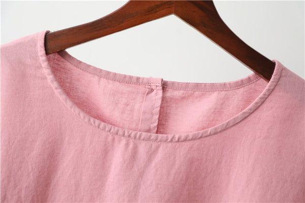 Women Loose Linen and Cotton Round Neck Middle Sleeve Dress