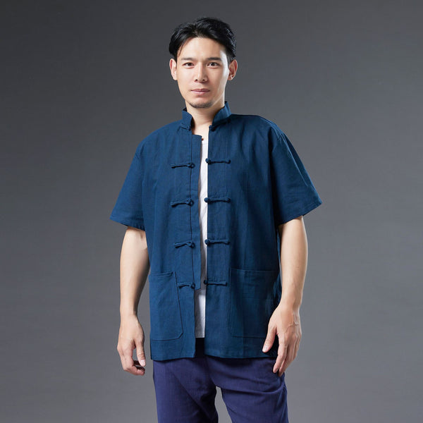 Men Retro Style Linen and Cotton Short Sleeve Pure Color Cardigan Shirts