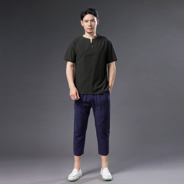 Men Causal Round Neck Style Linen and Cotton Short Sleeve Tops