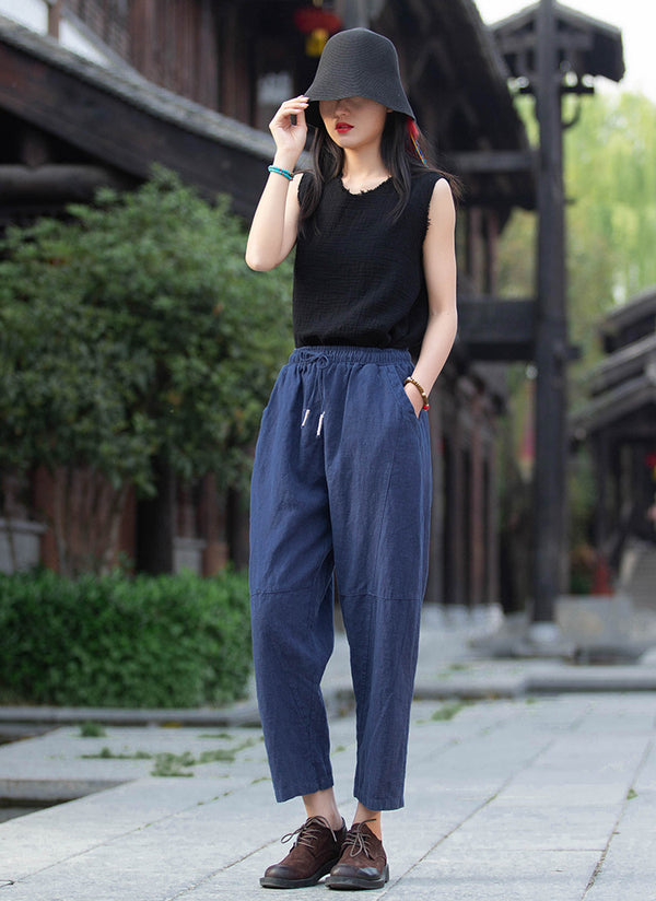 Women Linen and Cotton Causal Loose Cropped Drawstring Capris