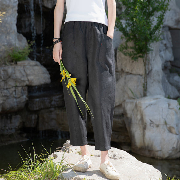 2022 Summer NEW! Women Retro Style Sand Washed Linen and Cotton Font Pocket Pegged Pants