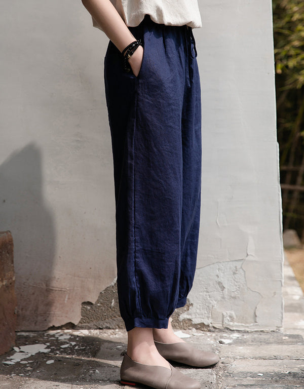 Women Lantern Style Linen and Cotton Lantern Cropped Pants