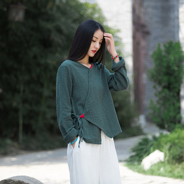 Women Zen Style Linen and Cotton Long Sleeves Side Cardigan Wrinkled Shirt