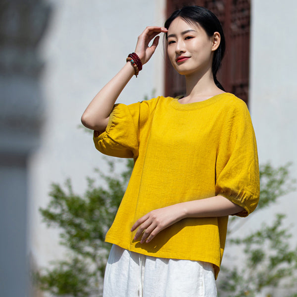 2022 Summer NEW! Women Simple Style Wrinkled Linen and Cotton Middle Sleeves Shirt