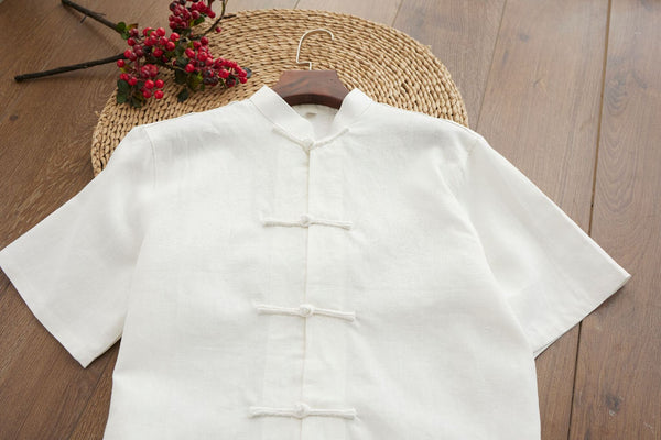 Men Retro Style Linen and Cotton Short Sleeve Pure Color Cardigan Shirts