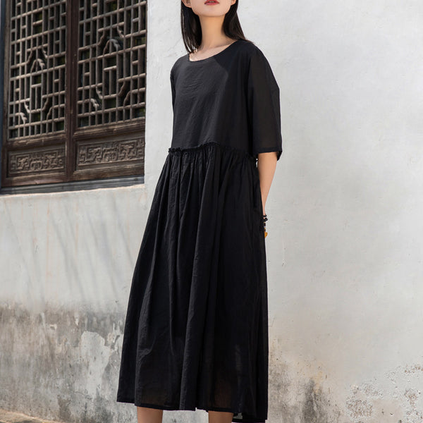 2022 Summer NEW! Women Loose Linen and Cotton Round Neck Middle Sleeve Maxi Dress