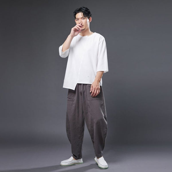 2022 Summer NEW! Men Causal Style Linen and Cotton Big Pockets Small Leg Pants