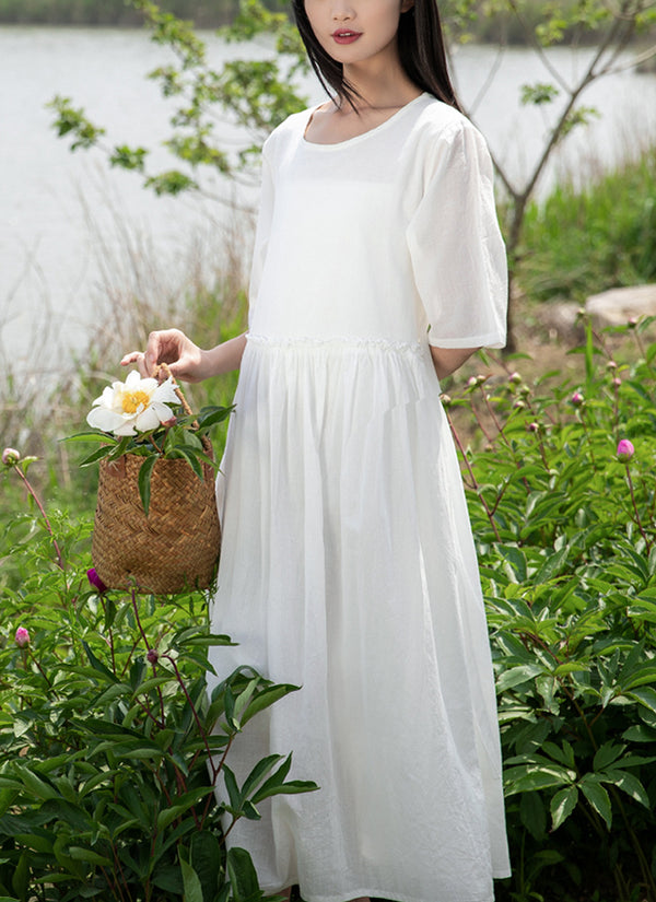 2022 Summer NEW! Women Loose Linen and Cotton Round Neck Middle Sleeve Maxi Dress