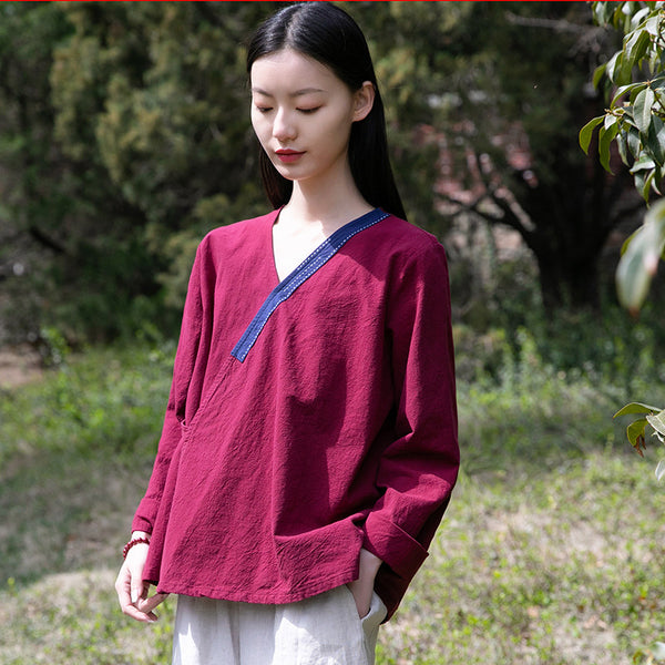 Women V-necked Zen Style Linen and Cotton Long Sleeves Cardigan Shirt
