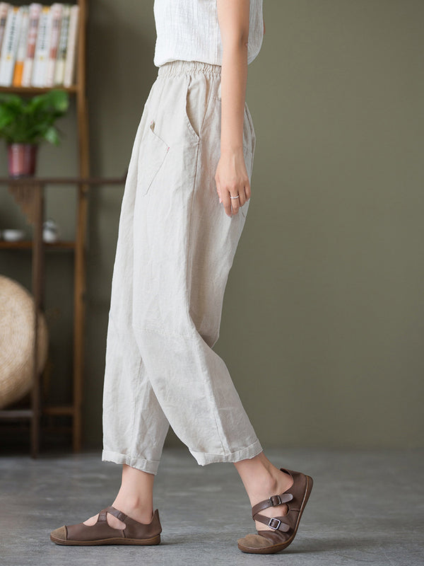 2021 Autumn NEW! Women Lantern Style Linen and Cotton Causal Patchwork Front Pocket Cropped Capris