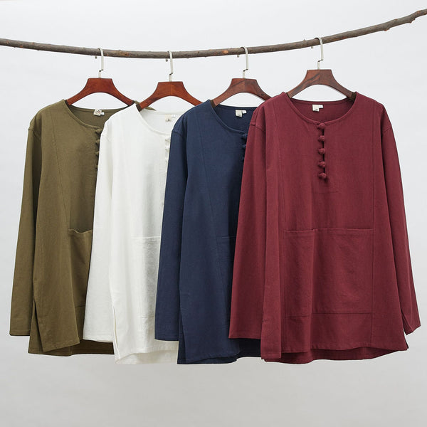 2021 Autumn NEW! Men Retro Style Linen and Cotton Pullover Long Sleeve T-shirt