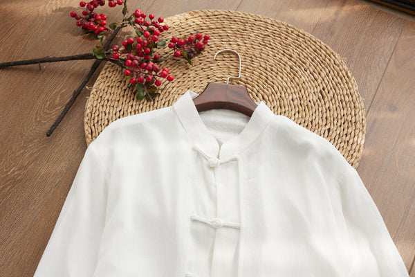 Men Classic Asian Style Linen Long Sleeve Round Collar Pure Color Cheongsam