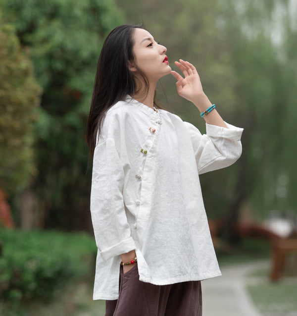 Women Round Collar Zen Style Linen and Cotton Long Sleeves Side Cardigan Shirt