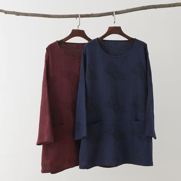 Men Causal Style Round Neck Linen and Cotton bracket 3/4 Sleeve Jacquard Tops