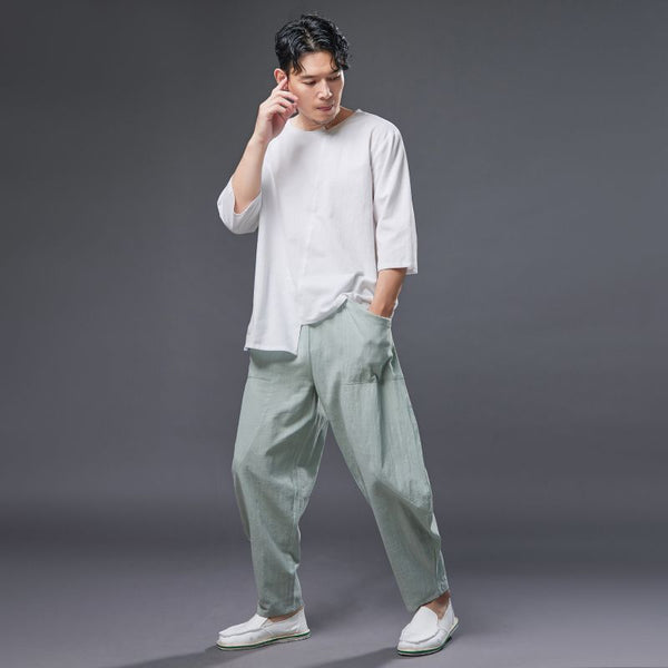 2022 Summer NEW! Men Causal Style Linen and Cotton Big Pockets Small Leg Pants